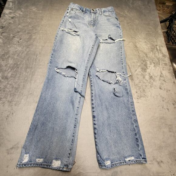 Arizona Jean Co Denim - Arizona Jeans Womens 7 Blue Distressed High Rise Wide Leg Ripped Denim Pants